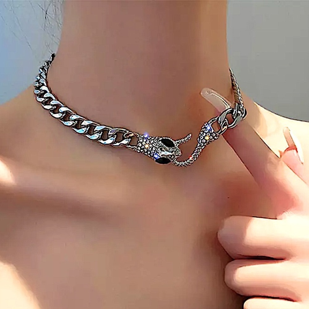 Silver Snake Hook Closure Zircon Choker - Picture 2 of 12